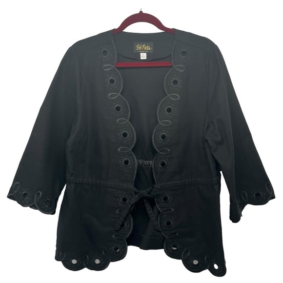 Bob Mackie Art To Wear Black Cotton Floral Eyelet Tie Waist Jacket Womens Large - Picture 8 of 11